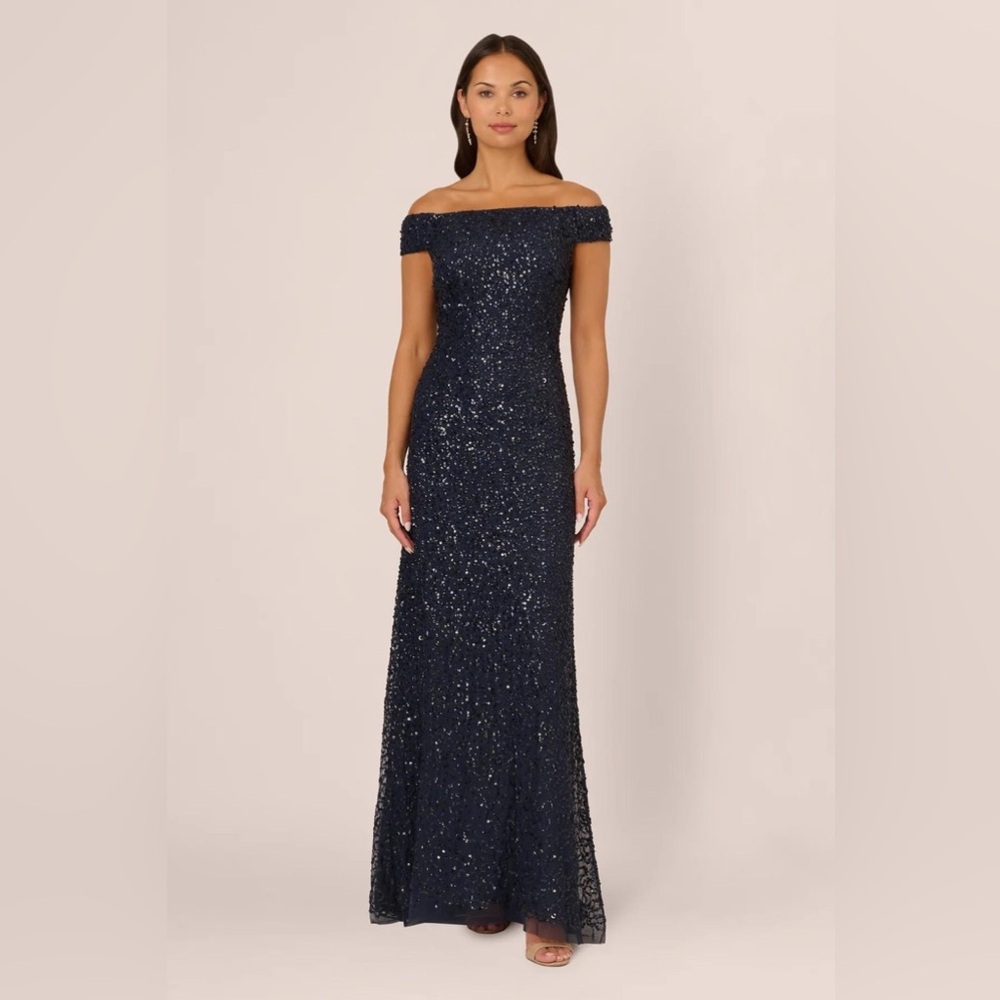 Adrianna Papell Navy Off Shoulder Sequin Gown NWT Size 18 MOB GALA BLACK TIE